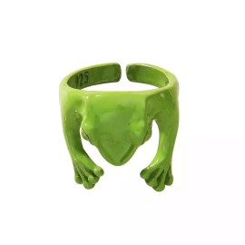 Unbranded Cute Silver Frog Ring, Open Ring Adjustable Size - Green
