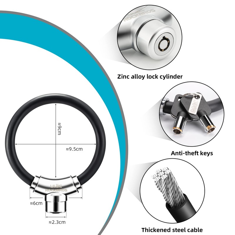 ROCKBROS Anti-Theft Bike Cable Lock, Black, Portable, Key Lock, Rustproof
