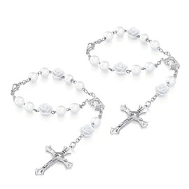 Ferianl 2PCS Car Rose Rosary for Rearview Mirror, Cross Blessing Rear View Mirror Hanging Decors, Auto Interior Hanging Accessories for SUV, Sedan, Truck (White)