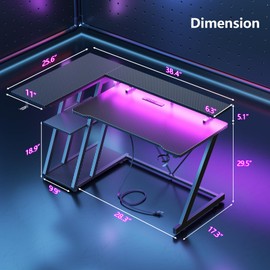 39 Inch Gaming Desk with Power Outlet & LED Lights, L Shaped Computer Gaming Table with 3 Tiers Storage Shelves, Corner Gamer Desk with Monitor Stand for Small Space, Carbon Fiber Black