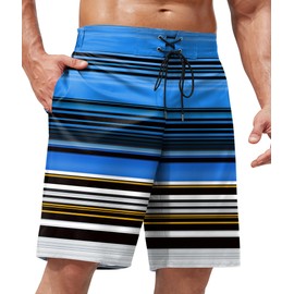 ERECT PEAK Men's Elastic Waist Trunk Casual Striped Swim Trunk Summer Tropical Quick Dry Pocket Board Short Blue L