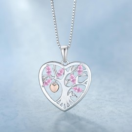 YL Tree of Life Necklace and Padlock 925 Sterling Silver Family Tree Lock Pendant Chain 12 Birthstone Cubic Zirconia Jewellery Gifts for Women Mother Girlfriend, Silver, Cubic Zirconia