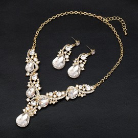 Luxury Austrian Crystal Necklace Earrings Rhinestone Bridal Wedding Party Costume Jewelry Sets for Brides Bridesmaids Women (white-gold tone)