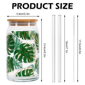 Whaline Summer Drinking Glasses with Bamboo Lids and Straws 2Pcs Gold Line Monstera Iced Coffee Cups Gold Line Plant Beer Glasses Can for Summer Holiday Travel Office Home Gift