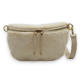 Plüsch Bauchtasche Damen Teddyfell Crossbody Bag Hüfttasche Gürteltasche Schultertasche Goldene Karabiner (Creme)