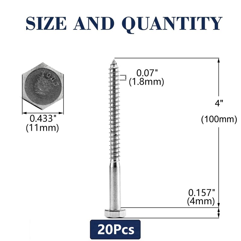 1/4" x 4" Hex Head Lag Screws Bolts 20Pcs 304