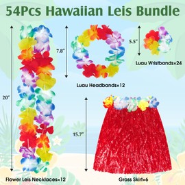 Hawaiian Leis Luau Party Decorations Set, 54Pcs Hawaiian Luau Party Supplies Flower Leis Necklaces Headbands Wristbands Grass Hula Skirt Lays Tropical Summer Beach Birthday Holiday Party Favors