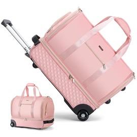 Rolling Garment Bag for Travel - Convertible Duffel Bag with Wheels & Shoes Compartment, Carry on Suit Luggage Bag with Trolley for Business Trip, Wedding, Weekender - Color: Pink