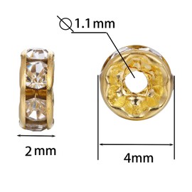 200PCS Rondelle Spacer Beads Silver Gold Plated Round Crystal Rhinestone Loose Beads for Necklaces Bracelets Jewelry Making (Gold, 4MM)
