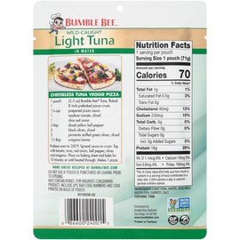 BUMBLE BEE Premium Light Tuna Pouch in Water, Ready to Eat Tuna Fish, High Protein, Keto Food and Snacks, Gluten Free, 2.5oz Pouch (Pack of 12)