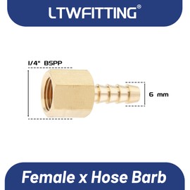 LTWFITTING Brass BSP Fitting Coupler/Adapter 1/4-Inch Female BSPP x 6mm Hose Barb(Pack of 5)