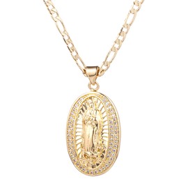 yipima 14K Gold Plated Guadalupe Virgin Mary Pendant Necklace for Women Men Two-layer White Color Zircon Inlay Oval Virgin Mary 3mm Flat Figaro Chain Necklace 18/22 inches (length: 18", white)