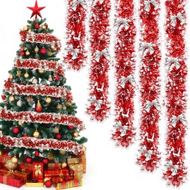 6 Pieces 39.4 ft Christmas Tinsel Garland with Red Bows Fluffy Tinsel Garland Soft Glitter Christmas Tinsel Garland Decorations Vintage Tinsel Wreaths for Party Xmas Tree Decoration (Red)
