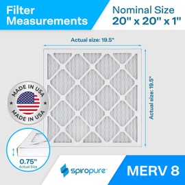 SpiroPure 20X20X1 MERV 8 Pleated Air Filters - Made in USA (6 Pack)