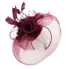 Burgundy Feather Flower Fascinator Hat Veil Net headband Clip Ascot Derby Races Wedding … (All Burgundy)