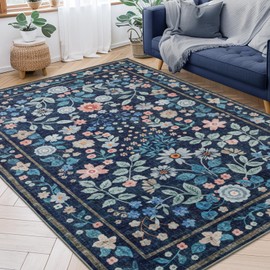 YIHOUSE Floral Blue 4x6 Washable Area Rug, Non Slip Boho Soft Bedroom Rug, Ultra Thin Colorful Flower Throw Carpet for Living Room Nursery Dorm Dark Blue,4'x6'