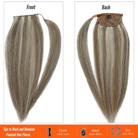 Clip in Ponytail Hair Extensions Human Hair for Thin Hair Blonde Highlights Ponytail Extensions Wrap Around 20 Inch 80G Silky Straight Brown and Blonde Ponytail Hair Pieces with Clips