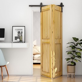 CCJH 42" Bi-Folding Sliding Barn Door Hardware Kit for 2 Doors,Slide Smoothly Quietly,Black Track J Shape Roller,No Door