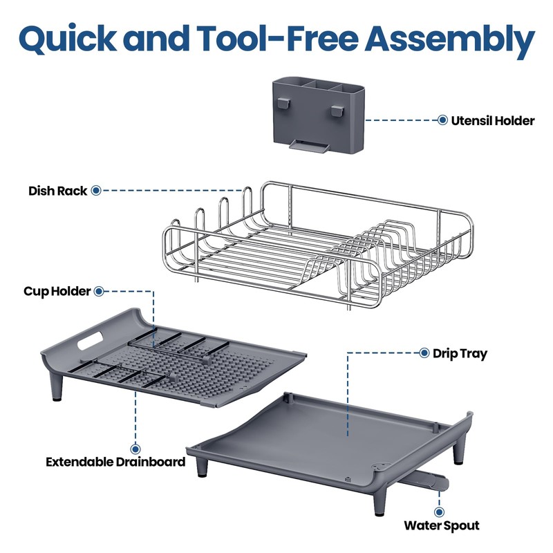 NTD Expandable Dish Drying Rack for Kitchen Counter, 16.7"-26.8", Gray