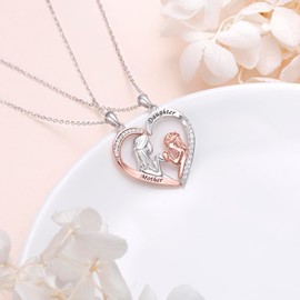 Flyow Mother & Daughter Necklace Set - 925 Sterling Silver Double Pendant Twin Chain for Mum and Girls Gift for Mum, Sterling Silver, Cubic Zirconia