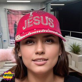 Popfizzy Jesus Hat for Women, Bling Rhinestone I Love Jesus Hat, Jesus Christ Ball Cap, Christian Caps, Religious Gift, Red
