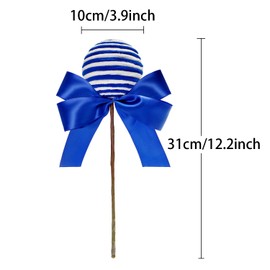 Large Lollipop Candy Picks Set of 4 Striped Peppermint Sprays Christmas Tree Stems Decorations Sticks with Ribbon Bows Xmas Tree Topper Home Vase Filler Wreath DIY Crafts Party Supplies (Blue White)