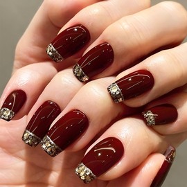 Red Press on Nails Medium Coffin Fake Nails Gold Glitter French Tip False Nails Wine Red Glue on Nails Valentines Design Stick on Nails for Women Girls 24 Pcs New Year Gift