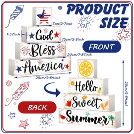 Saysurey 4 Pcs Reversible 4th of July/Summer Wooden Tabletop Decor Patriotic God Bless America/Hello Sweet Summer Table Block Sign for Tiered Tray