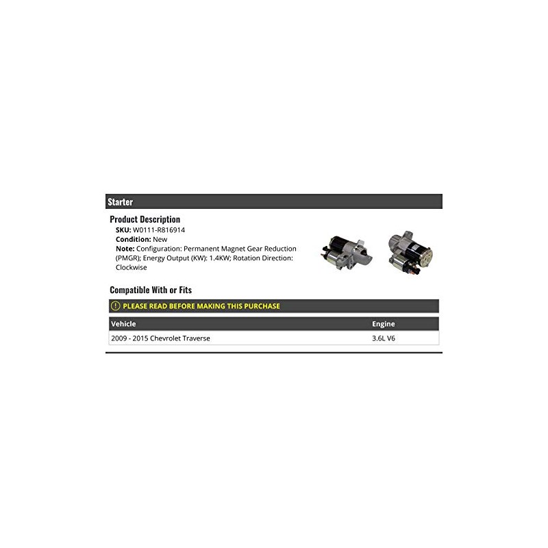 Starter - Clockwise Rotation - Compatible with 2009-2015 Chevy Traverse