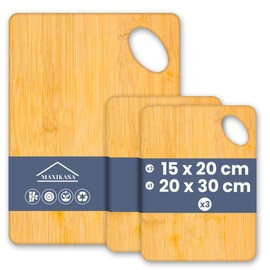 MAXIKASA - Bamboo Cutting Board | Pack of 3 | 2 Small and 1 Medium (x2-20x15cm | x1-30x20cm) | High Strength and Durability Board | Suitable for Cutting, Chopping and Serving | Kitchen Utensils.