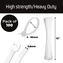 12" White Zip Cable Ties (100 Pack), 40lbs Tensile Strength, Heavy Duty, Self-Locking Premium Nylon Cable Wire Ties for Indoor and Outdoor by Bolt Dropper (White)