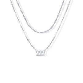 PAVOI Rhodium Plated Angel Number Pendant Layering Necklace for Women | 222 Lucky Numerology Singapore Chain Necklace
