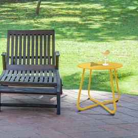 Decksplore Patio Side Table Waterproof Round Metal Steel Weather Resistant Portable Outdoor and Indoor End Table for Garden Balcony Yard, Lemon Yellow