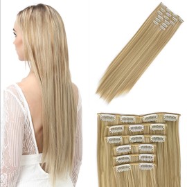 SHDanrtsey Hair Extensions 6 PCS Dark Blonde Mixed Bleach Blonde Clip in Hair Extensions 22Inch Long Straight hair extensions Thickened hair Hair Extensions Clip In（22inch, 6pcs,24/613#)
