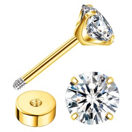 Enticera G23 Titanium Earrings 5A+Cubic Zirconia Flat Back Stud Earrings 14K Gold Hypoallergenic Nap Earrings 2-5MM Tiny Handmade Cartilage Stud Earrings for Women (Gold Tone, 4mm)