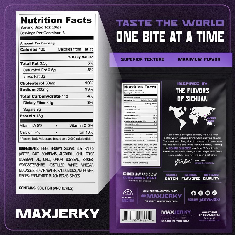 MaxJerky Sichuan Chili Crisp Beef Jerky, 104 Grams of Protein,