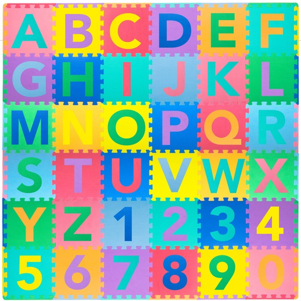 ProSource Kids Puzzle Alphabet, Numbers, 36 Tiles and Edges Play Mat, 12" by 12",Abc & 123