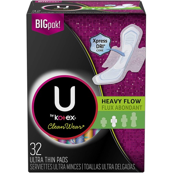 U by Kotex CleanWear Ultra Thin Feminine Pads with Wings, Heavy Flow, Unscented, 96 Count (3 Packs of 32)