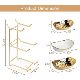 OdoVow Ceramic Fruit Bowl for Kitchen Counter, 3 Tier Fruit Basket with Metal Stand, Tiered Fruit Rack for Countertop, Modern Multi Serving Bowl for Party Dessert, Vegetable, Snack, Small & Cute(Gold)
