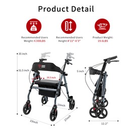 Power Senior - Walker Rollator for Senior with PU Leather Seat, Attached Bottle Holder Walking Cane or Umbrella Holder and Storage Bag, Silver Blue