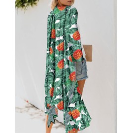 Women's Tropical Leaf Print Boho Beach Long Swimsuit Kimono Cover Ups Summer Chiffon Cardigans Dusters Hawaiian Pineapple Maternity Tops Sheer White Green Medium