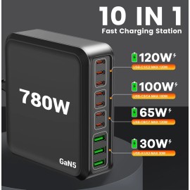 GUSISHU 780W USB C Charger Block Fast 10-Port USB C Charging Station GaN PD 120W Laptop