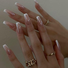 Hkanlre Medium Square Press on Nails Glazed Fake Nails Tips Full Cover False French Pink Nails for Women and Girls 24PCS