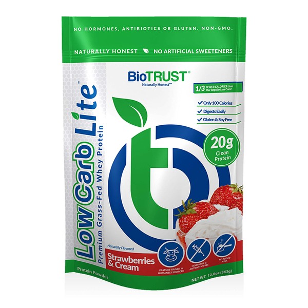 BioTrust Low Carb Lite, 20 Grams of Grass-Fed Whey Protein Isolate, 100 Calories, ProHydrolase Digestive Enzymes, Non-GMO, Free from Soy and Gluten, rBGH-Free (14 Servings) (Strawberries and Cream)