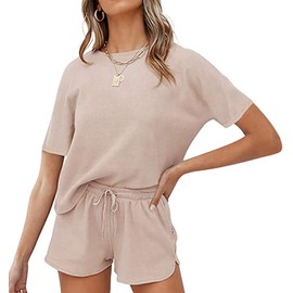 wkwmrpet Women's 2 Piece Pajamas Set Short Sleeve Top and Shorts Pj Lounge Sets Sleepwear Loungewear with Pockets Apricot