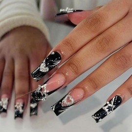 Virellay 24 Stück Lang Ballett Fingernägel - Herz Stern Schwarz Aufkleber Nägel, Rechteck Design, Glitter Klebenagel Pads, Französisch künstliche nägel zum aufkleben für Frauen (Black star)