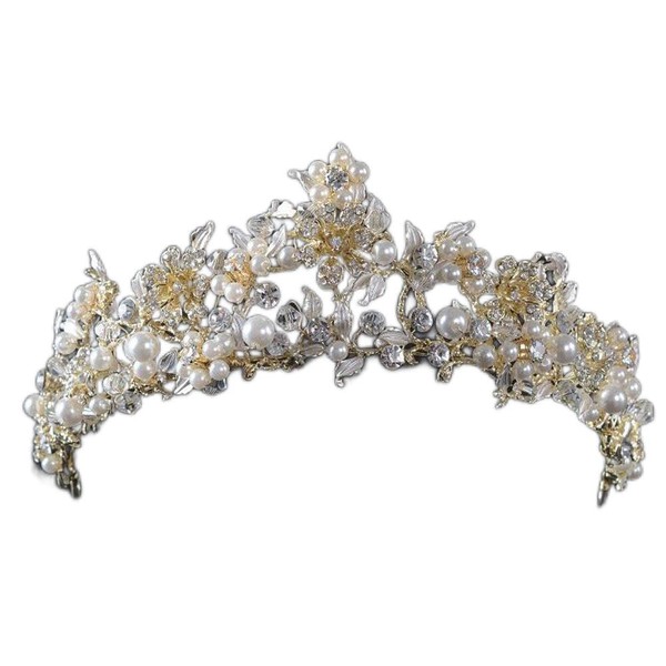 FXmimior Vintage Gold Flower Bead Bridal Wedding Crown Headband Women Crystal Tiara Headpiece Wedding Hair Accessories