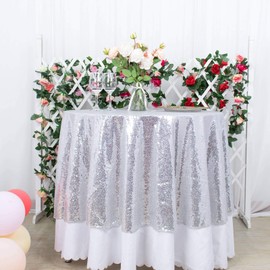 Partisout Round Tablecloth 48 Inch - Silver Sequin Vinyl Glitter Table Cover for Outdoor, Indoor, Picnic, Party, and Events - Waterproof Plastic Tablecloth for Dining, Wedding, and Holiday Decor