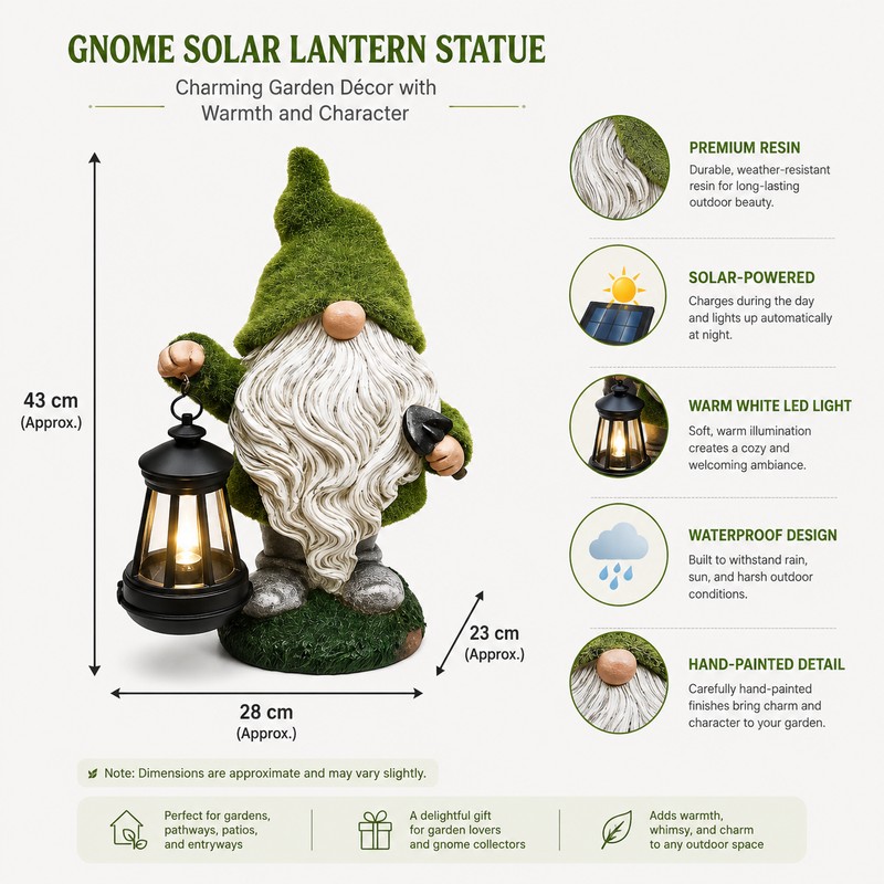 Solar Gnome Garden Statue with Lantern – Resin Dwarf Light