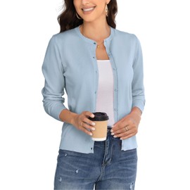 BERESIA Ladies Cardigan Womens Knit Sweater with Buttons Round Neck Crewneck Coat Elegant, Light Blue L
